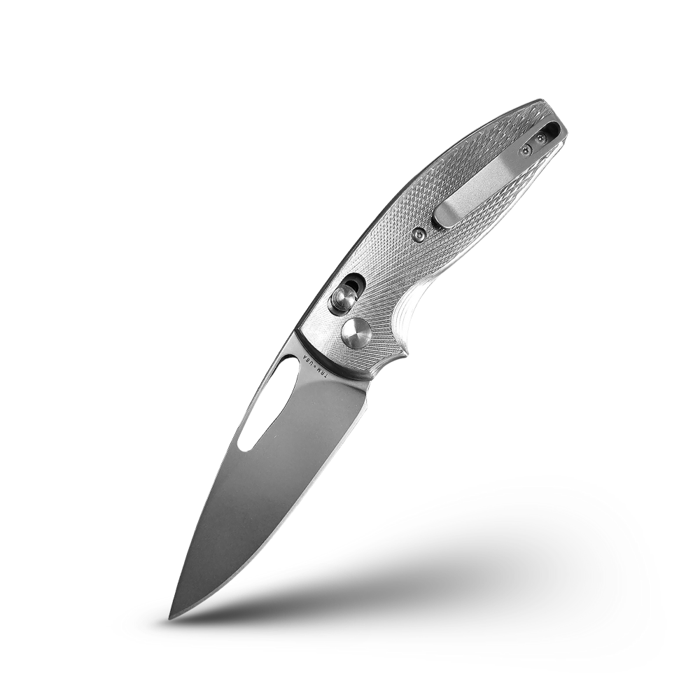 TRM Bulldog Rev B Titanium Lefty knife on a white background