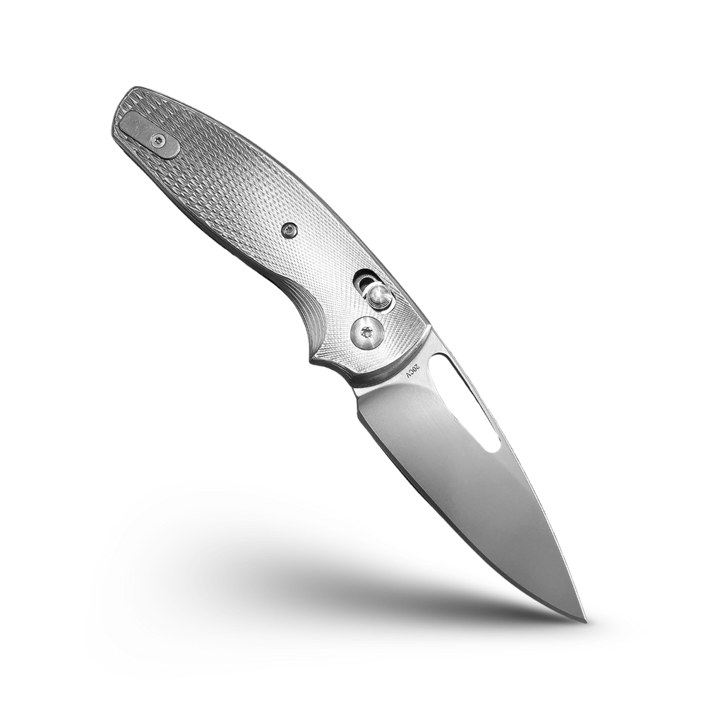 TRM Bulldog Rev B Titanium Lefty knife on a white background