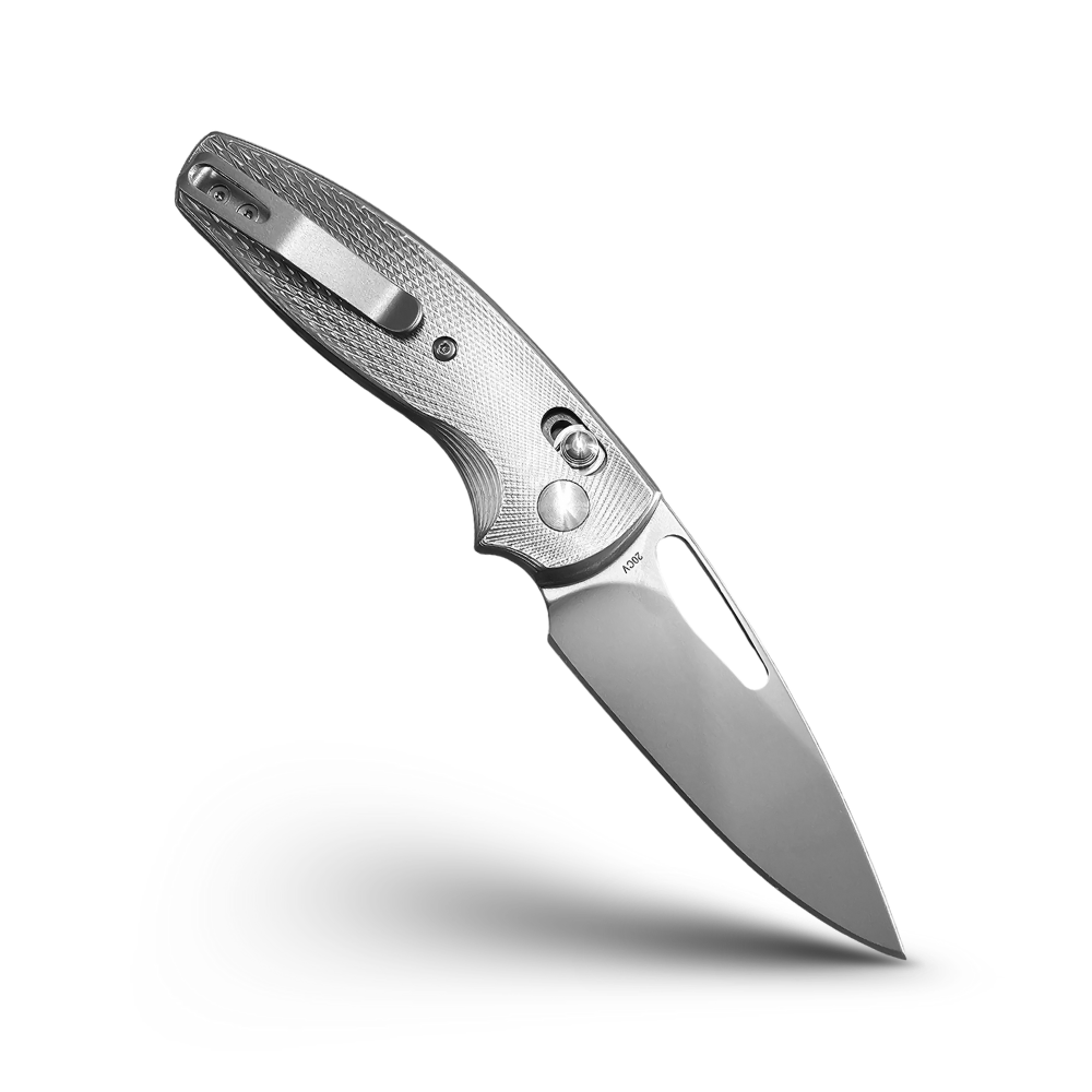 TRM Bulldog Rev B Titanium Righty knife on a white background