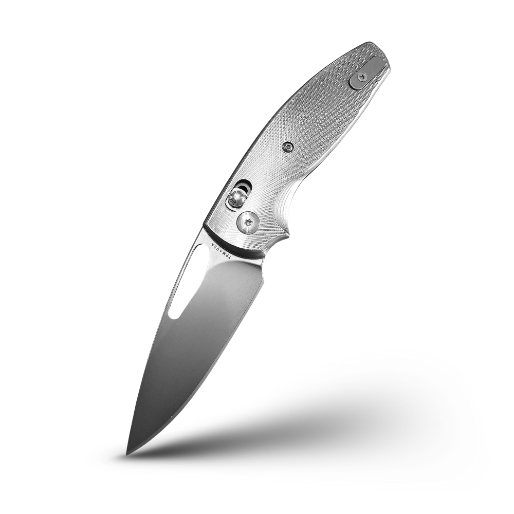 TRM Bulldog Rev B Titanium Righty knife on a white background